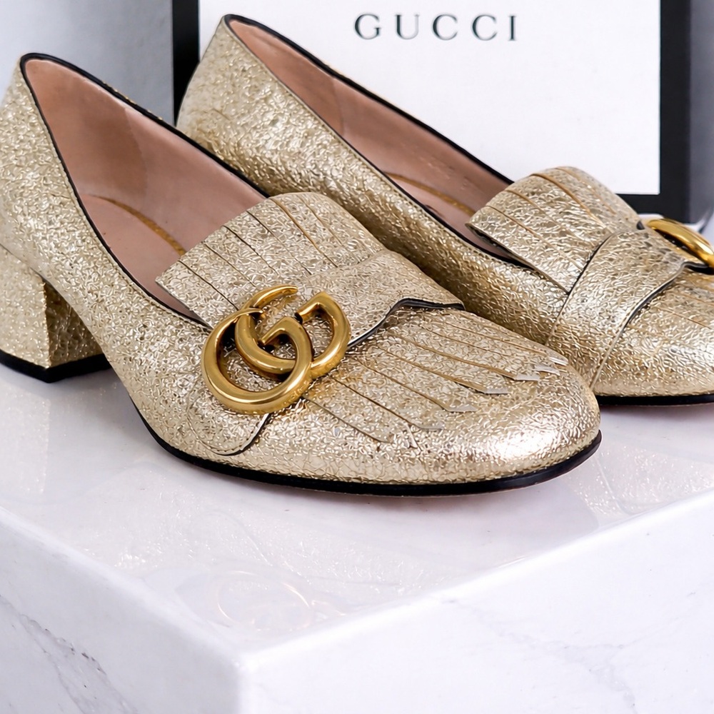 ✨ Gucci Gold Metallic Fringe Loafer Heels ✨
